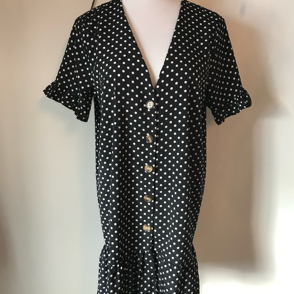 Black white polka dot button up dress